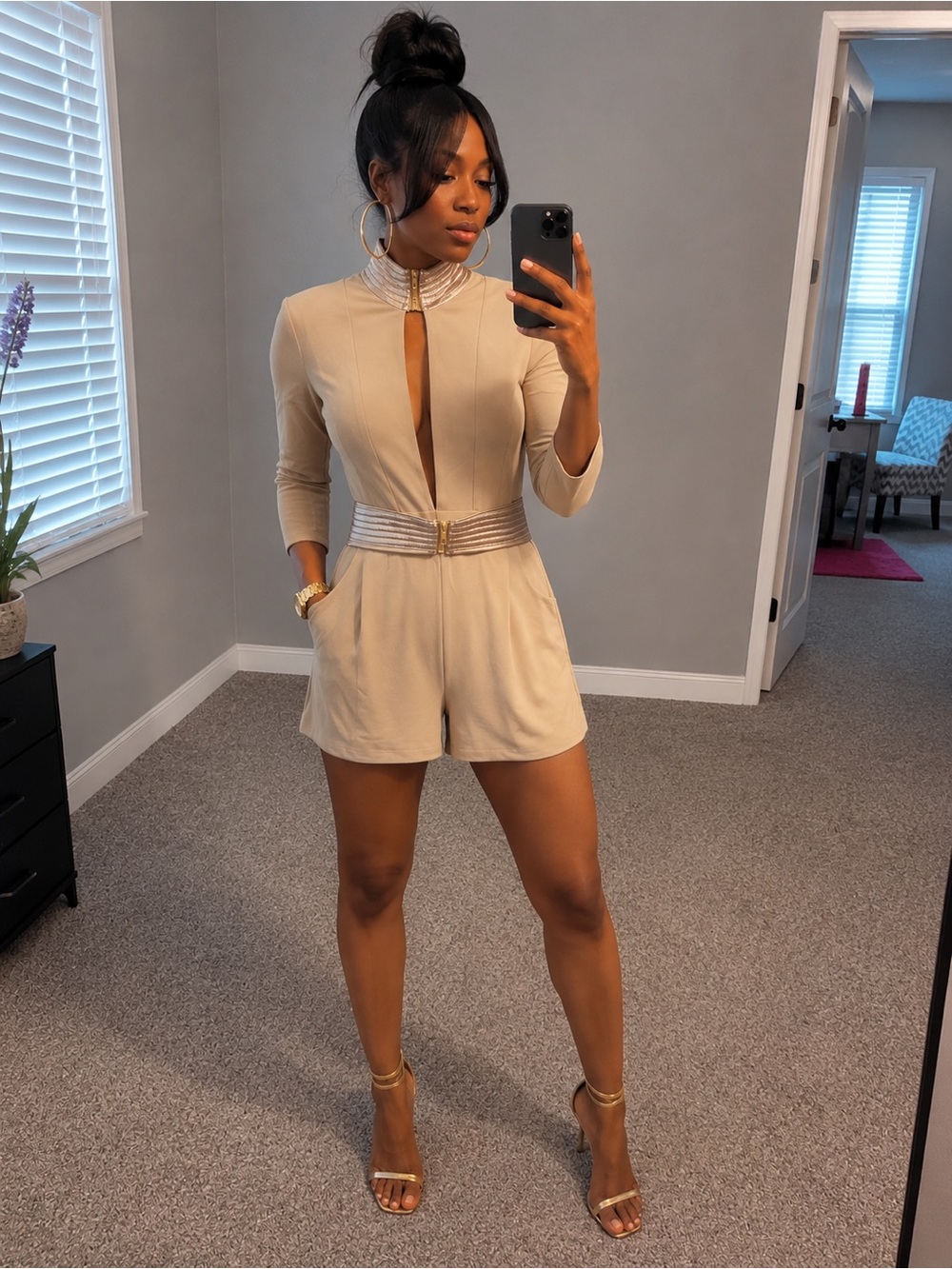 Derek Heart Beige Keyhole Belted Romper